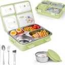Stainless Steel Adult Lunch Box, 28.7oz 4-Compartment Metal Bento Box Kids Snack Containers with 5oz Soup/Condiment Cup, Food Storage Containers with Utensils and Cleaning Brush Set - Green