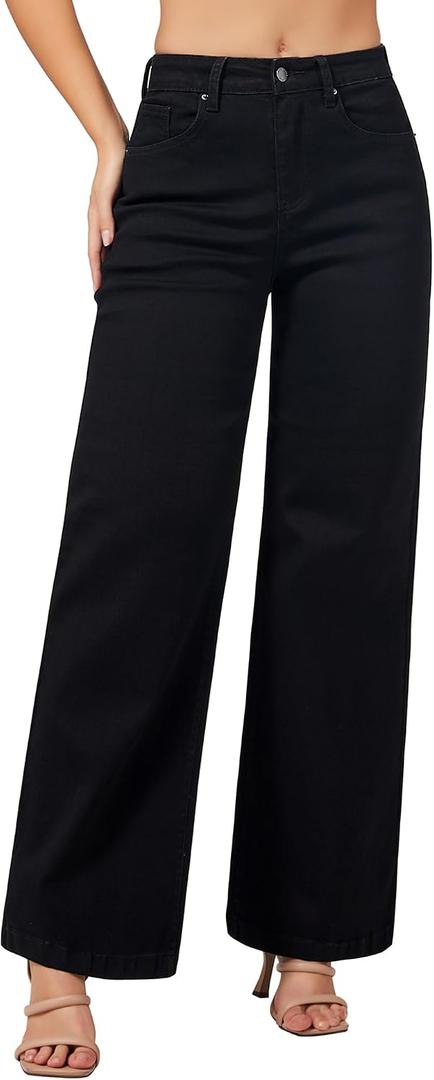 roswear Women's Wide Leg Jeans High Waisted Stretchy Denim Trouser Pants (Black, M)