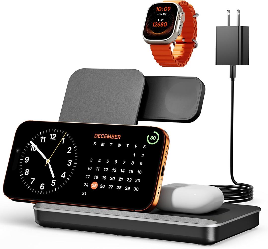 3 in 1 Charging Station for Apple Multiple Devices, Foldable Wireless Charger Stand for iPhone 17 16 15 14, Fast Travel Phone Charging Dock for Apple Watch Ultra 11 10 9 8, AirPods 4 3 Pro (Gray)