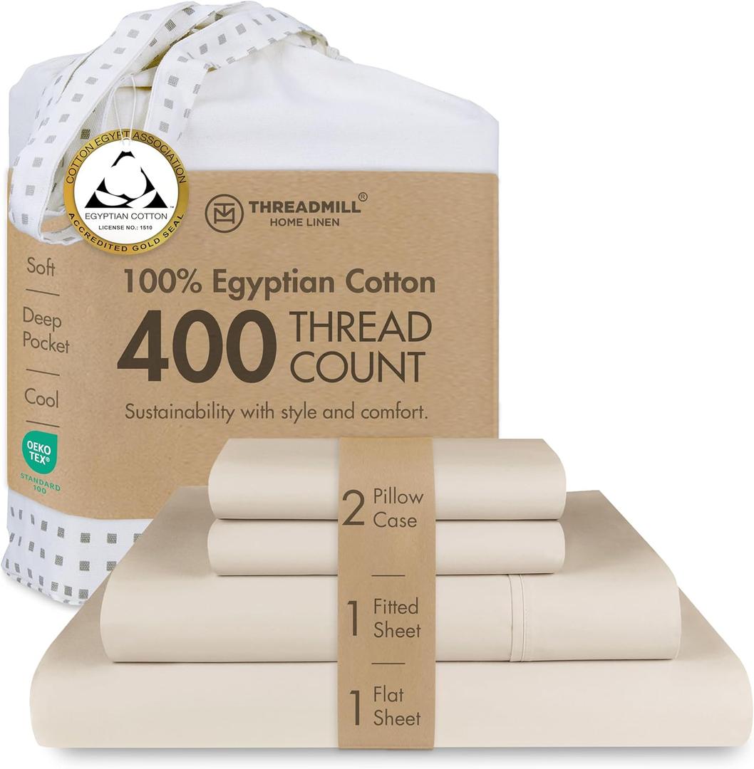 Threadmill Egyptian Cotton Queen Sheet Set | 100% Certified Egyptian Cotton Bed Sheets for Queen Size Bed | Queen Bed Sheets Set with Snug Fit 16" Deep Pocket | Soft Cooling Sateen Bedding Set | Beige (Light Beige Solid)