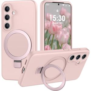 Liquid Silicone Case for Samsung Galaxy S25 with Magnetic Stand, Mil-Grade Drop Shockproof, Full Camera Protection Anti-Scratch Microfiber Lining Silicone Phone case, Pink