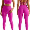 RXRXCOCO Ribbed Workout Sets for Women 2 Piece Backless Strappy Sports Bra Seamless Leggings Matching Set Yoga Outfits Pink Small