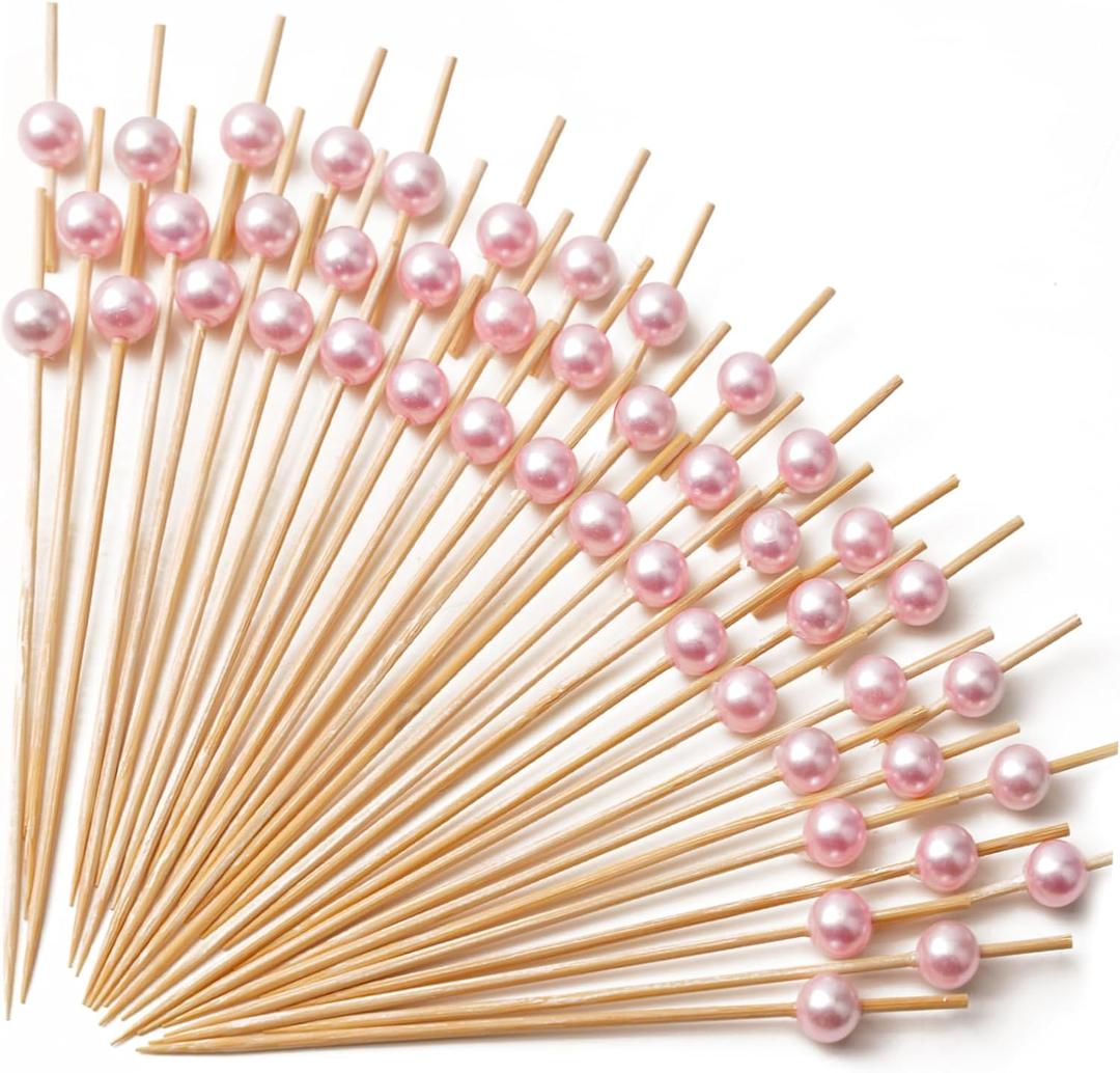 PuTwo Toothpicks for Cocktail Appetizers Fruits Dessert, 100 Count, Pink Pearls