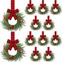 Knitgrip 12 Pcs 9'' Small Christmas Kitchen Cabinet Wreaths with Plaid Bow Ribbon Mini Hanging Christmas Wreath Artificial Greenery Wreath for Front Door Porch Wall Window(Red Black Buffalo Plaid)