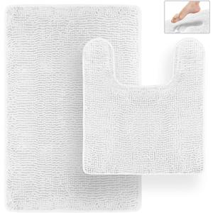 Tafts Bathroom Rugs, Extra-Thick Memory Foam Bath Mat, Ultra-Soft Chenille Microfiber, Highly Absorbent, Machine Washable, Shaggy Bath Mats for Bathroom, Rectangle Cutout (21x32 + 20x22, 2pcs) White