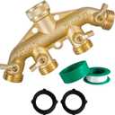 Hourleey Brass Garden Hose Splitter (4 Way), Solid Brass Hose Connector 3/4", Hose Spigot Adapter 4 Valves with 2 Extra Rubber Washers