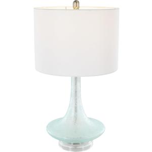 Deco 79 Glass Room Table Lamp Textured Frosted Round Accent Lamp with White Drum Shade and Silver Base, Lamp 14" x 14" x 25", Teal