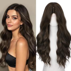 WIGNEE Long Wavy Wig Middle Part Dark Brown Wigs 26 Inches Long Brown Wigs For White Women Natural Looking Brown Hair Wig Long Wigs For Women Daily Party Use(Dark Brown)