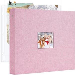 12x12 Inch Large 3 Ring DIY Scrapbook Photo Album, Linen Cover Scrapbook with 20 Sheets Plastic Sleeves 40 Pages Memory Book for Wedding Birthday Baby Family (Pink)