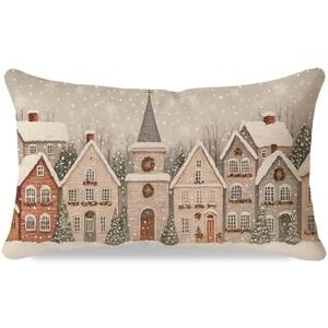 HERHOME Christmas Throw Pillow Cover 12x20 Inch, Winter Village Snowflake Forest Snow Beige Lumbar Decorative Cushion Case, Vintage Outdoor Xmas Holiday Decoration for Sofa Couch Home Decor