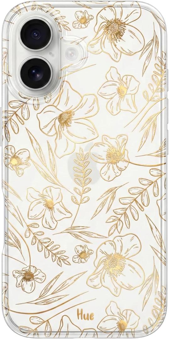 LONLI Hue for iPhone 17 Case - Golden Floral Shockproof Phone Cover - [Shock-Absorbent Bumper] - Elegant, Unique and Aesthetic for Women and Girls for Women and Girls