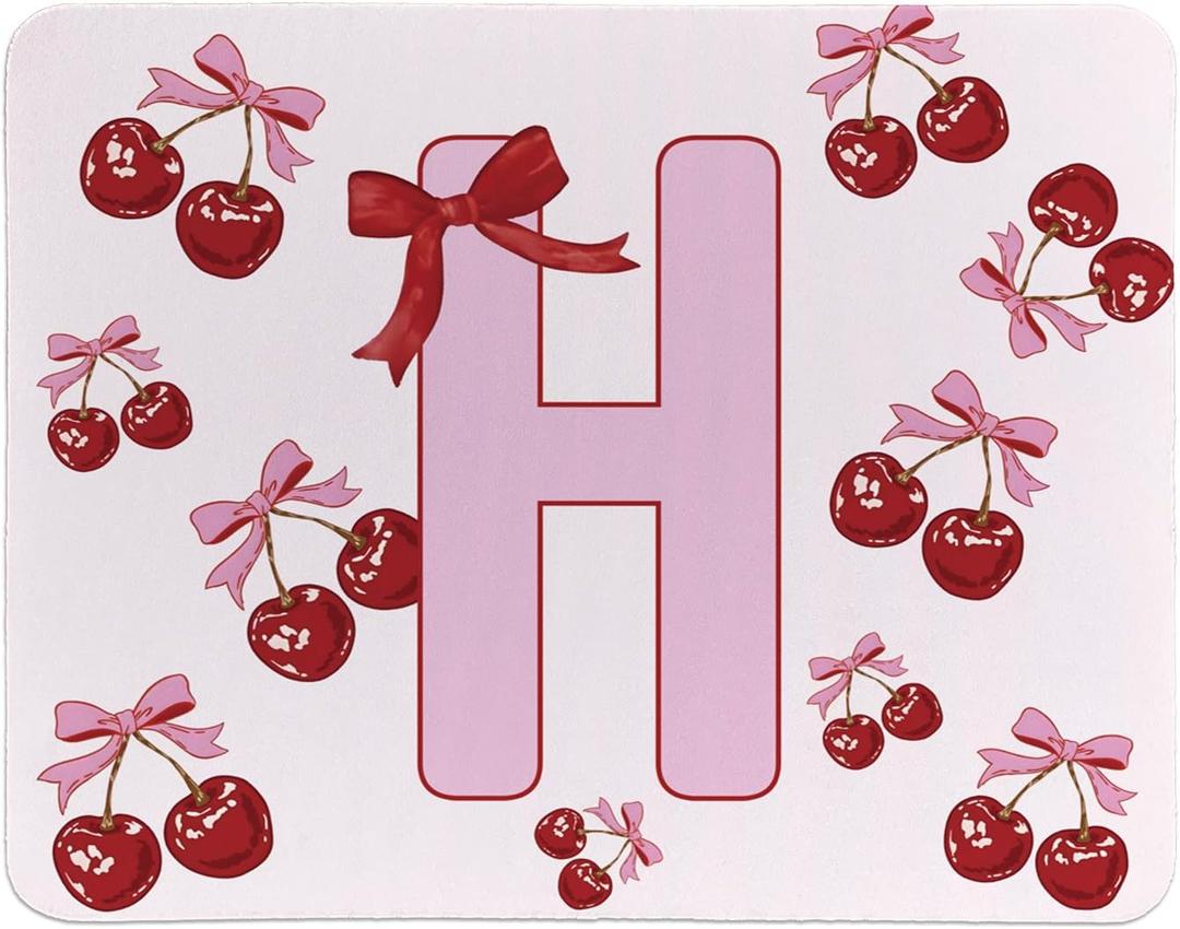 Rusenbao Cute Custom Cherry Mouse Pad, Cute Small Personalized Coquette Pink Bow Mouse Pad for Desk Women Girls, Customizable Initial Mousepads for Laptop, Computer, Office, 9.5x7.9 Inch(Letter H)