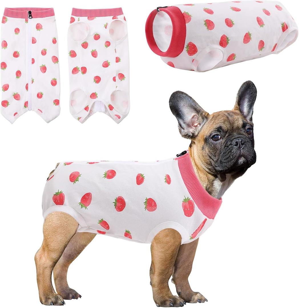 SAWMONG Recovery Suit for Dogs Female Male Zipper, Pink Strawberry Dog Onesie Body Suit After Surgery Spay Neuter, Cotton Breathable Dog Surgical Suit Pet, Substitute Dog E-Collar Cone, L