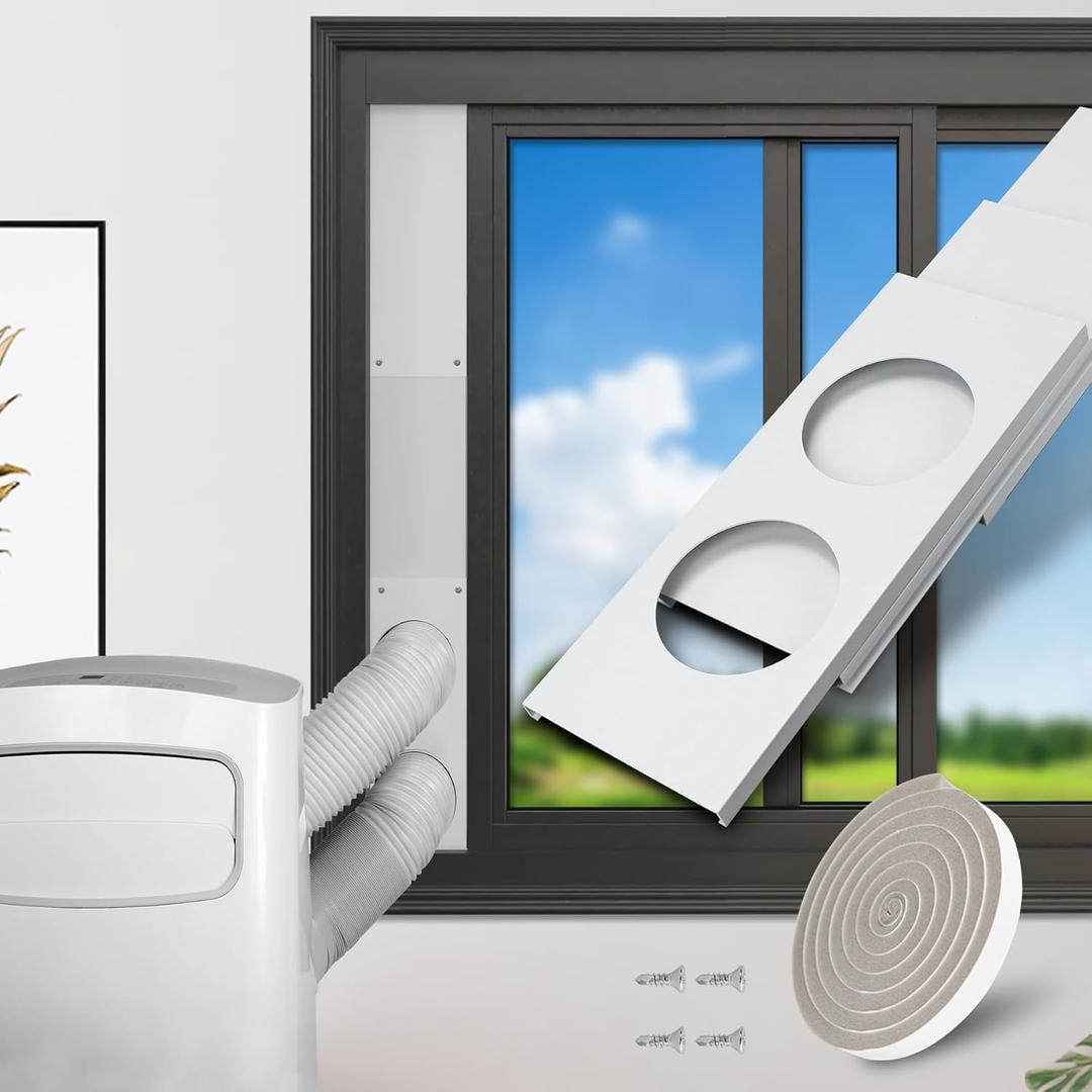 GCGOODS Portable AC Window Kit, Air Conditioner Daul Hose Window Seal Plates Kit for 5" Diameter Sliding and Hung Windows, Double Hole Design with Foam Seal Tape, Universal Sealing Panels