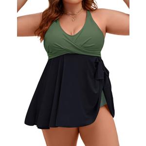Edelqual Womens Plus Size Tankini Swimsuit Two Piece Tummy Control Bathing Suits Swim Dress Swimwear with Shorts (XX-Large Plus, Army Green & Black)