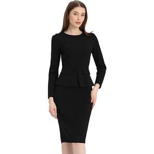 Allegra K Women's Bodycon Dresses Round Neck Long Sleeve Casual Work Outfits Peplum Sheath Dress L