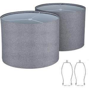 Ruiever Drum Lampshades Set of 2, Natural Linen Lampshade 13" x 13" x 10" High, Easy Assembly Replacement Fabric Lampshades for Table Lamps Floor Lamps, Gary Color, Half and Spider Fitter Included