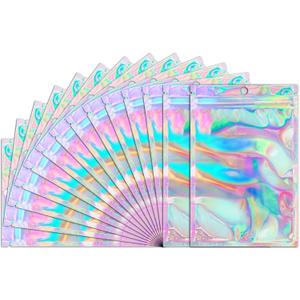 Funfery 100 Pcs Smell Proof Holographic Bags Clear Window Resealable Bags,Mylar Foil Bag with Zipper,Sealing Pouch Packaging Bag for Food Storage,Candy,Party Favor Sample Business Supplies(6.3x9.4in)
