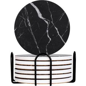 Drink Coasters with Holder Absorbent Ceramic Coasters Set of 6 Black Marble Style, 4 Inches Suitable for Kinds of Cups and Outdoor Picnic