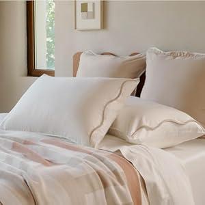 Double Stitch Cotton Tencel Pillow Cases Scalloped - King Size Pillow Cover Set of 2, Eucalyptus Lyocell Cooling Pillowcases for Hot Sleepers, Envelope Closure, Soft & Cozy, Cream, 20" x 36"