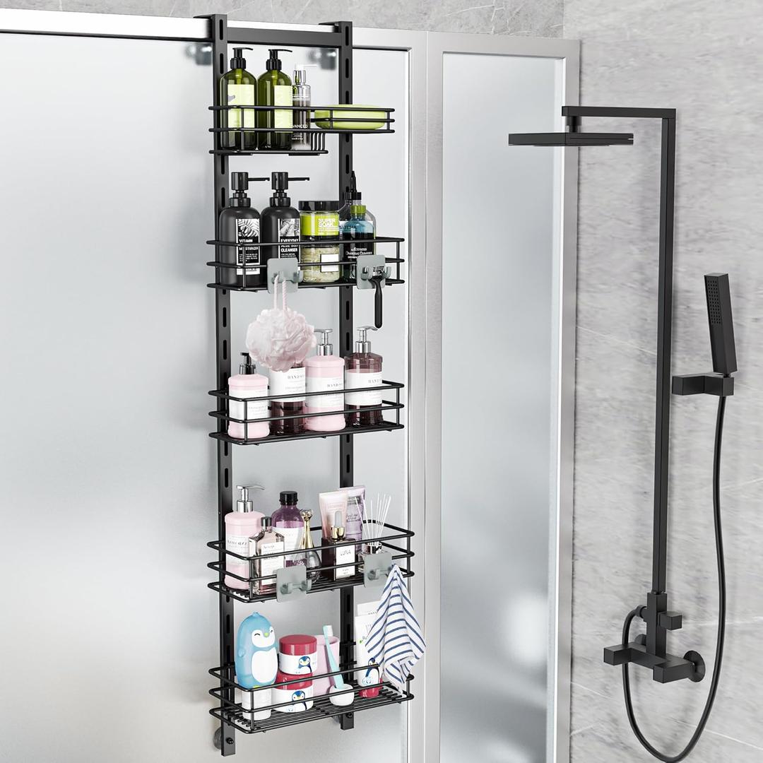 Orimade Over the Door Shower Caddy Adjustable 5 Tier Black, Bathroom Hanging Organizer Shelf Rustproof with 4 Hooks, Shower Basket with Soap Holder and Suction Cup