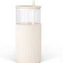 SANDJEST Glass Tumbler with Straw and Lid, Glass Water Bottle with Silicone Sleeve 20oz, Smoothie, Iced Coffee Cup, Gifts for Women Teen Girls Birthday Christmas (Cream)