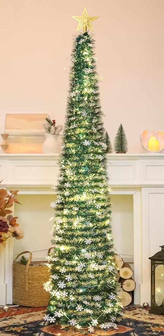 HMASYO 5 FT Pop Up Christmas Tree with Timer Lights, Tinsel Christmas Tree with Snowflake Ornaments, Collapsible Artificial Pencil Tree Xmas Decoration for Home, Office, Party, Easy Assembly (Peacock Green)