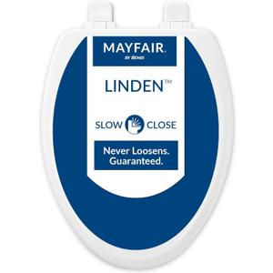 Mayfair Linden Slow Close Toilet Seat, Non Slip Heavy Duty Wood, Easy Install, Elongated, White