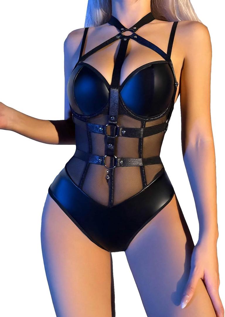 Milumia Lingerie for Women PU Leather One piece Strappy Mesh Teddy Bodysuit (X-Large, Black)