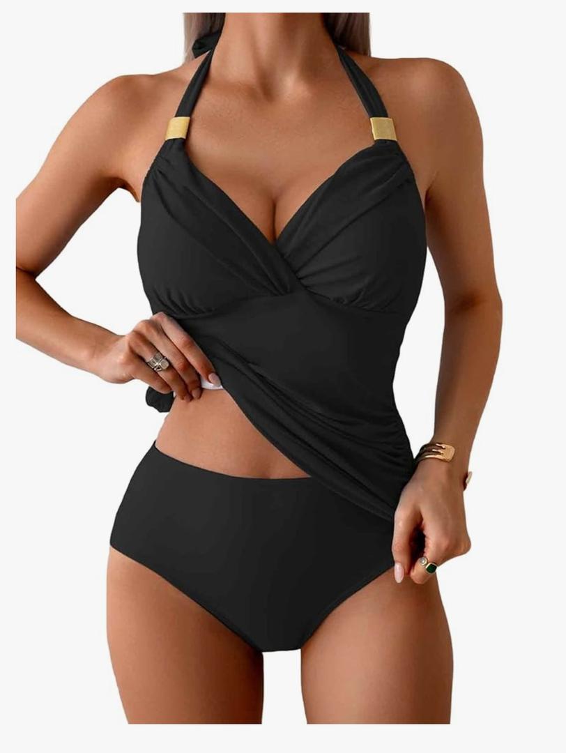 B2prity Women's Halter Tankini Set Tummy Control Swimsuit Mesh V Neck Two Piece Bathing Suit with High Waisted Bottom XXL