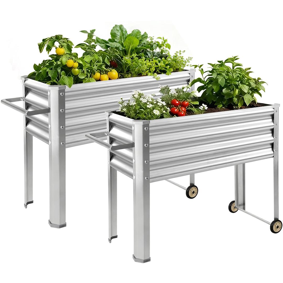 Land Guard 2 Pack Galvanized Raised Garden Bed with Legs & Wheels, 361232in Metal Elevated Raised Planter Box for Backyard, Patio, Balcony, 300lb Capacity, Silver