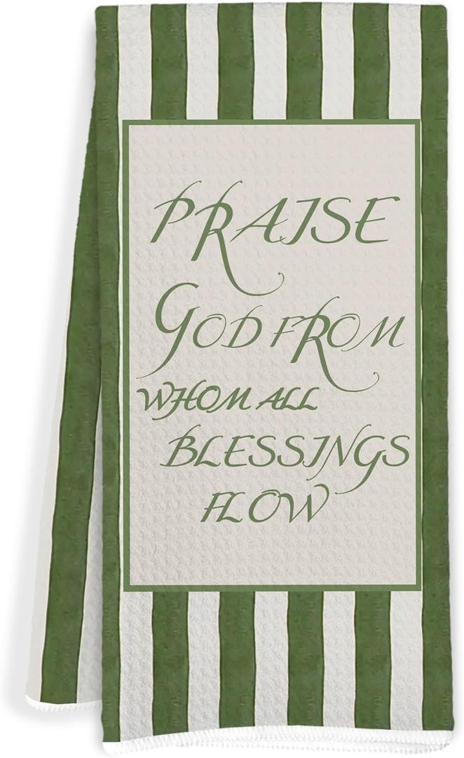 Christian Jesus Kitchen Towels, Green Striped Bible Verse Decorative Hand Tea Towels for Bathroom, Praise God from Whom All Blessings Flow Religious Dish Towel Dishcloth, 16x24 Inch