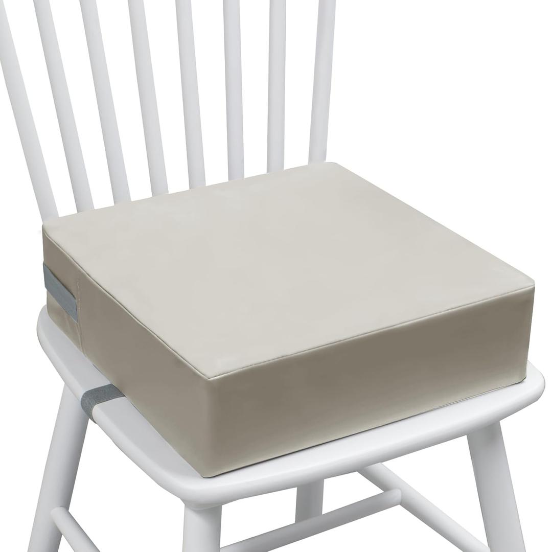 Toddler Booster Seat for Dining Table, 2 Elastic Seat Belts, Anti Scratch PU Skin-Friendly, Waterproof, Anti-Wrinkle, Detachable Non-Slip Bottom - Light Gray