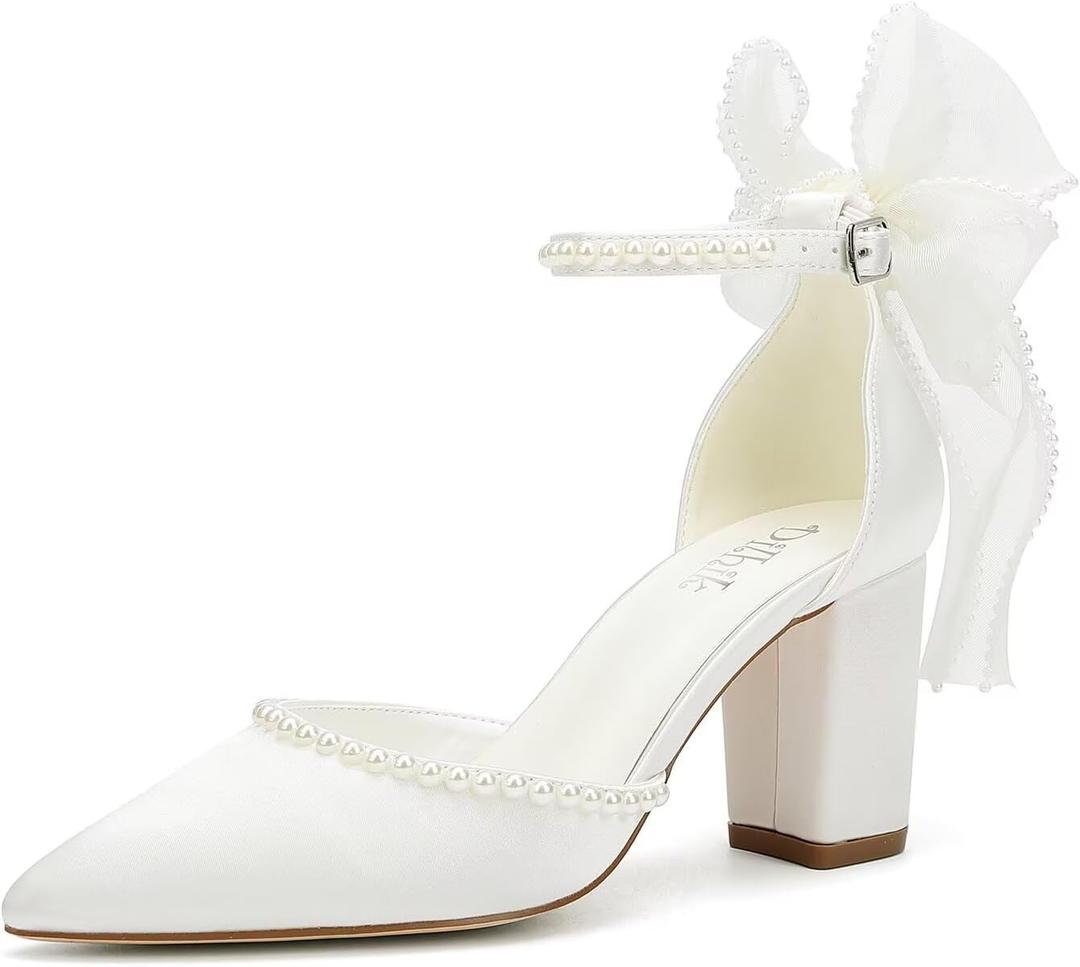 Block Heel Wedding Shoes for Bride Bow Heels Pointed Toe Pearl Bridal Shoes Wedding Heels, Size 8