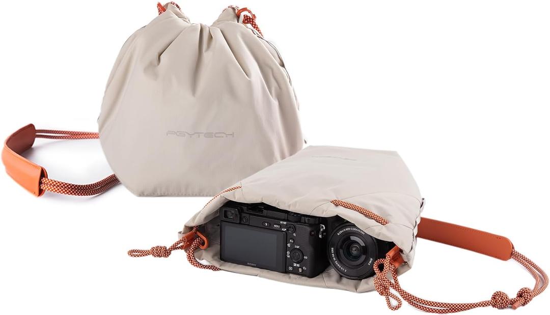 PGYTECH OneGo Drawstring Small Camera Bag, Soft Cute Camera Pouch Handbag compatible with Mirrorless Cameras/Nikon/Canon/Sony/Fuji Camera Case (Ivory)