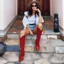 WIRALOMI Cowboy Boots for Women Red Cowgirl Boots Knee High Tall Boots with Embroidered Chunky Heel Western Long Boots, 6.5