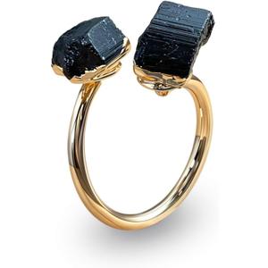 Black Tourmaline Ring for Women, Vintage Gold Tone Black Rings for Men, Adjustable Natural Stone Ring for Chunky Jewelry