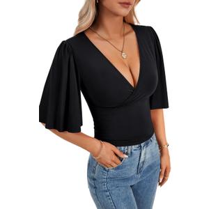 LYANER Women's V Neck Wrap Dressy Tops for Women Elegant Ruffle Short Sleeve Business Casual Blouse (Small, Black)
