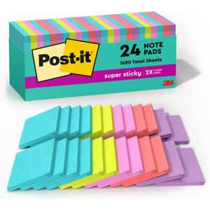 Post-it Super Sticky Notes, 24 Sticky Note Pads, 3 x 3 in., School Supplies, Office Products, Sticky Notes for Vertical Surfaces, Monitors, Walls and Windows, Supernova Neons Collection