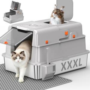 XXXL Stainless Steel Litter Box with Lid, 28" x 20" x 17", Light Grey