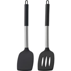 2 Pack Silicone Solid Turner, Non Stick Slotted Kitchen Spatulas, High Heat Resistant BPA Free Cooking Utensils, Ideal Cookware for Fish, Eggs, Pancakes, Black