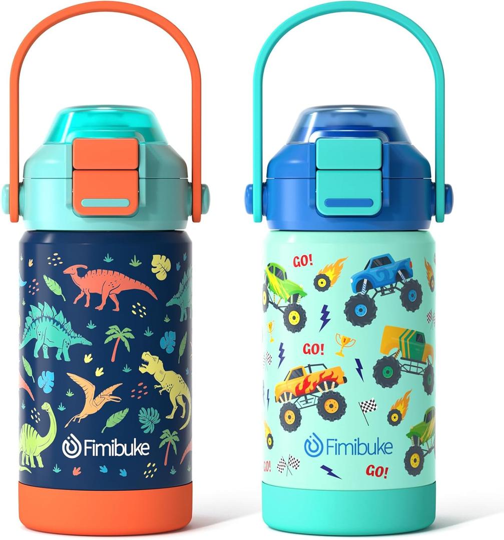 Fimibuke Kids Insulated Water Bottle with Pop-Open Straw & Spout 2-in-1 Lid, 14oz Leak Proof 18/8 Stainless Steel Vacuum Tumbler, BPA-Free Kids Cup For Travel School Girls Boys Toddler 2 Packs (A4.Dinosaur+Monster Car)