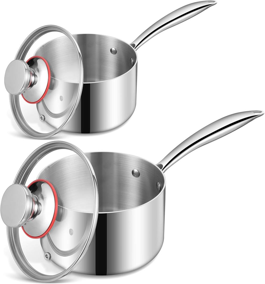LIANYU 1QT & 2QT Saucepan with Lid, Triply 18/10 Stainless Steel Cooking Pot, Small 1 Quart and 2 Quart Saucepan, Induction Cookware for Boiling Stewing, Dishwasher Safe
