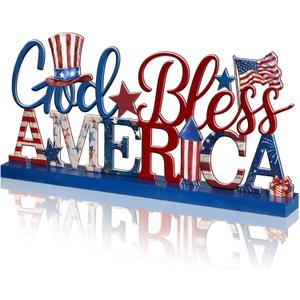 Cinnvoice Memory Day Decoration 4th of July Patriotic Table Sign Farmhouse America God and Bless Table Centerpiece Letter Tiered Tray Decorations for Holiday Kitchen Home Party Supplies