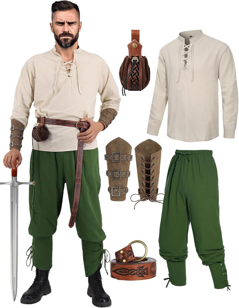 Medieval Costume Men Adult Renaissance Costume Set Viking Pirate Shirt Ankle Banded Pants with Arm Guard Belt Pouch (XX-Large, Green)