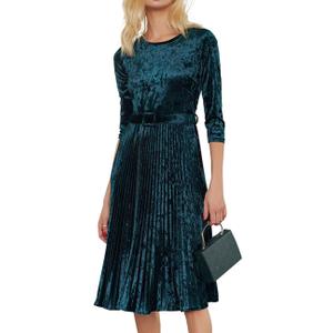 Simple Flavor Women's Vintage Velvet Midi Dress 3/4 Sleeve Flare Swing Pleated A-Line Party Dress, 2XL