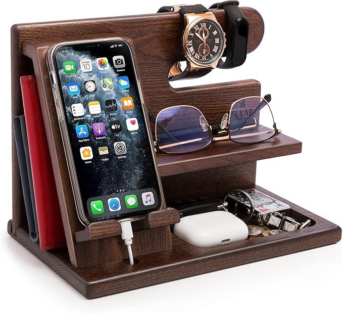 TESLYAR Wood Phone Docking Station for Men  Desktop or Nightstand Organizer  Birthday Gifts for Men, Dad  Anniversary Idea from Wife  Key Holder, Stand Wallet, Watch & Essentials (Bourbon Brown)