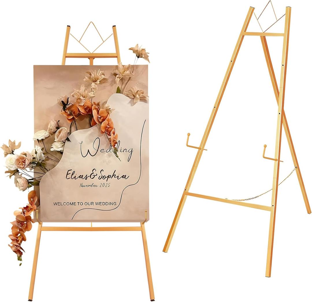 JEAWIWI Gold Easel Stand for Sign, 4-Tier Heavy Duty Metal Display Easels Stand with Adjustable Chain, Floor Easel for Wedding Sign, Painting, Commercial Display
