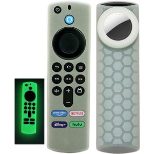 Compatible for Alexa Voice Remote Cover/TV Stick 4K Max Remote Cover (3rd Gen 2021) with Airtag Holder, Glow in The Dark,Item Finder Anti-Slip Silicone Protective Case,Glow Green