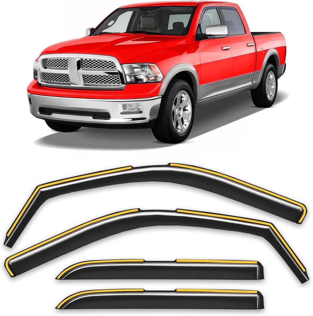 in-Channel Window Rain Guards Fit for Dodge RAM Crew Cab Mega Cab 2009-2018 Rain Guard Big Horn Extra Durable Window Deflectors Truck Window Vent Visors Vent Shades Exterior Car Accessories